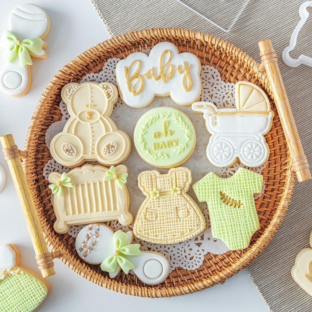 Moleou Baby Shower Cookie Cutter Set, 7Piece Cookie Cutters Include:  Onesie, Bib, Baby Carriage, Bottle, Rattle, Rocking Horse and Frame, with  Extra